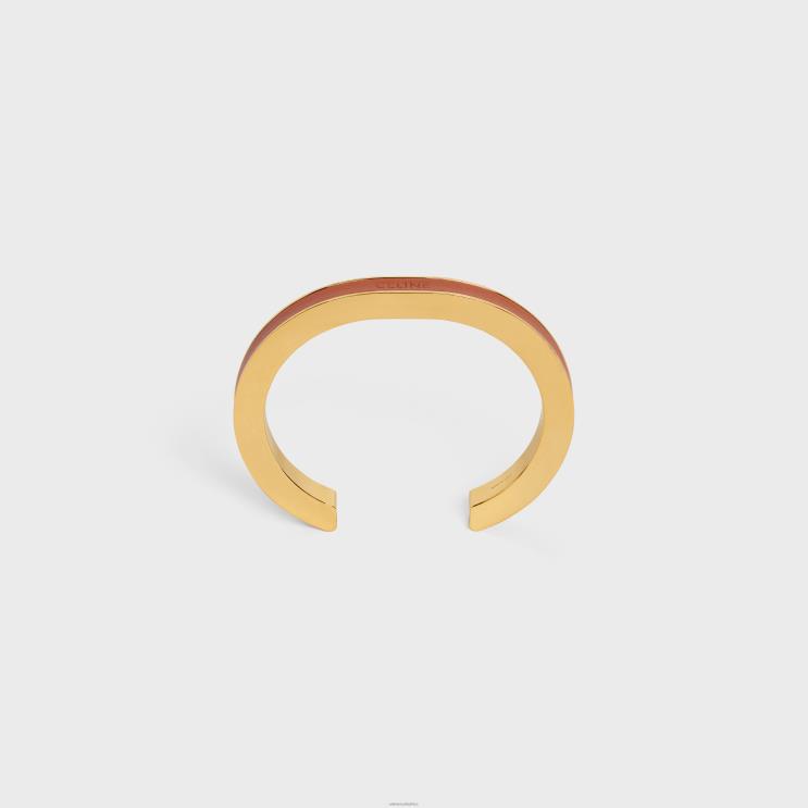 CELINE Gold/Tan Formes Simples Leather Cuff in Brass With Gold Finish & Calfskin R0ZNN1369