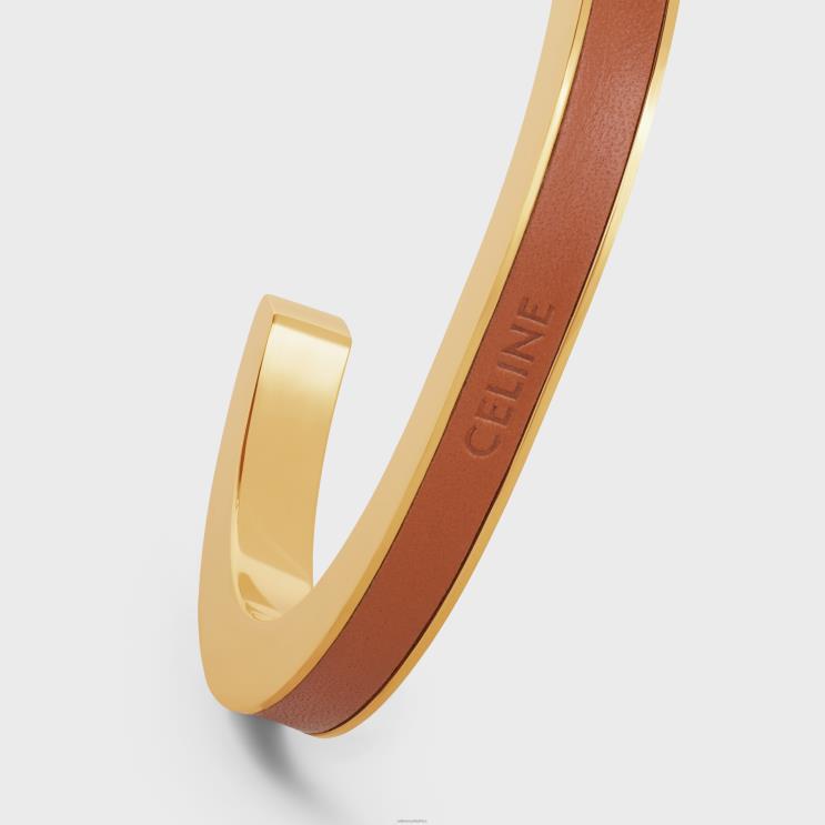 CELINE Gold/Tan Formes Simples Leather Cuff in Brass With Gold Finish & Calfskin R0ZNN1369
