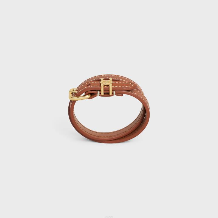 CELINE Gold/Tan Les Cuirs Double Bracelet in Calfskin & Brass With Gold Finish R0ZNN1268