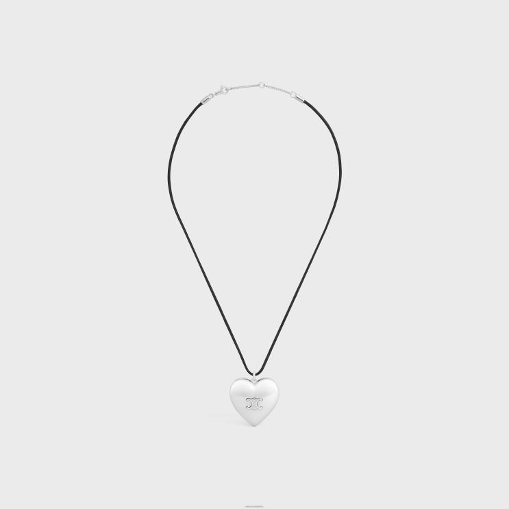 CELINE Silver/Black Coeur Triomphe Necklace in Brass With Rhodium Finish & Cotton R0ZNN1256