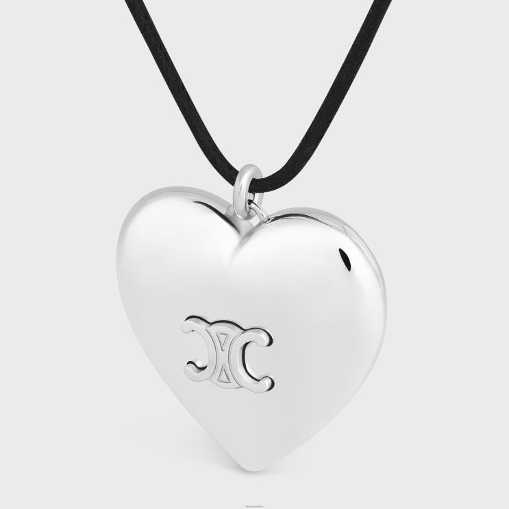 CELINE Silver/Black Coeur Triomphe Necklace in Brass With Rhodium Finish & Cotton R0ZNN1256