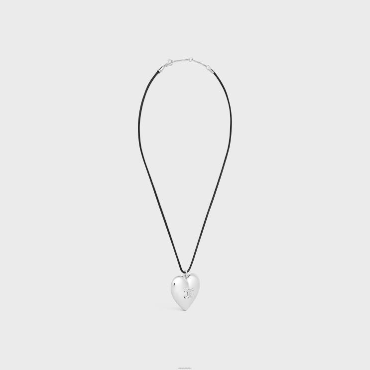 CELINE Silver/Black Coeur Triomphe Necklace in Brass With Rhodium Finish & Cotton R0ZNN1256