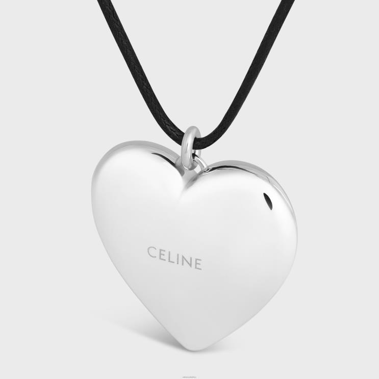 CELINE Silver/Black Coeur Triomphe Necklace in Brass With Rhodium Finish & Cotton R0ZNN1256