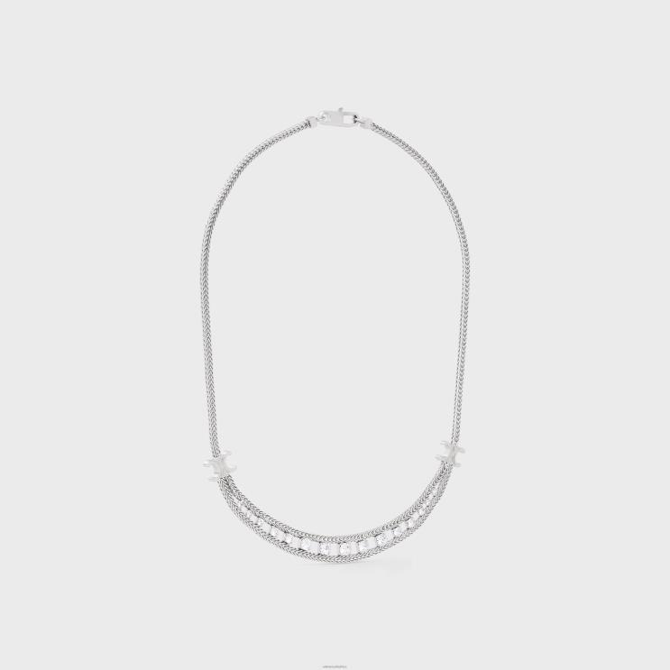 CELINE Silver Daisy Short Necklace in Brass With Rhodium Finish & Strass R0ZNN1354