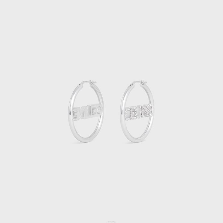 CELINE Silver Monochroms Strass Hoops in Brass With Rhodium Finish & Crystals R0ZNN1253