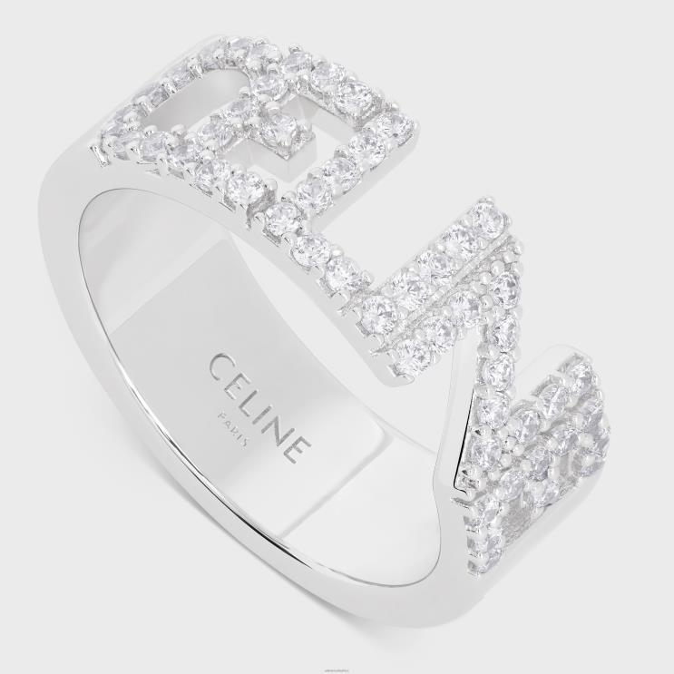CELINE Silver Monochroms Strass Ring in Brass With Rhodium Finish & Crystals R0ZNN1254