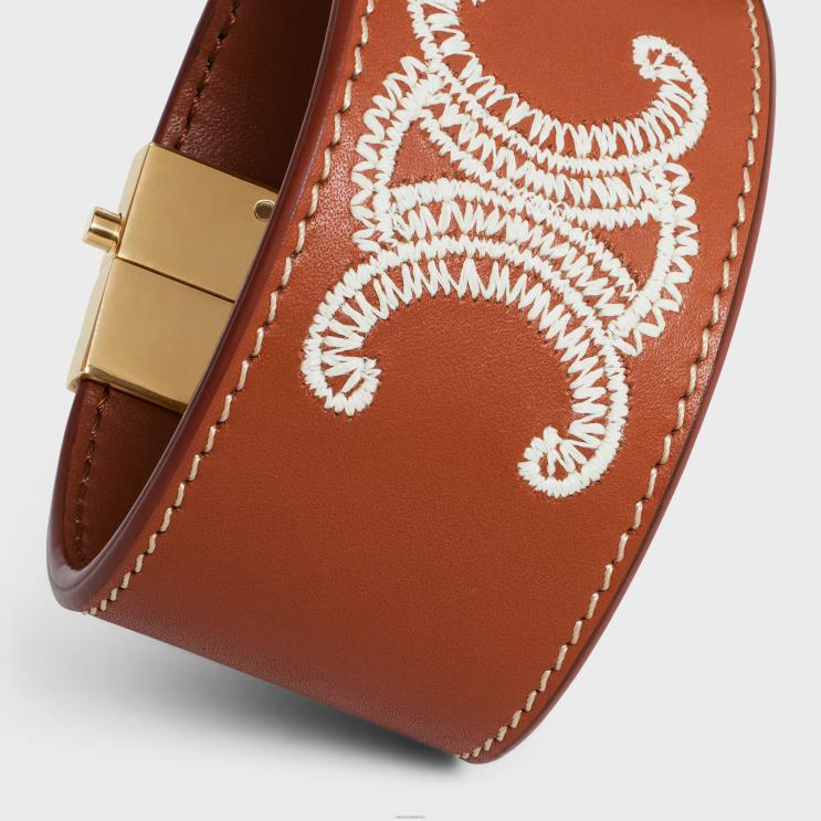 CELINE Tan/Ecru Triomphe Embroidered Leather Bracelet in Brass With Gold Finish & Calfskin R0ZNN1321