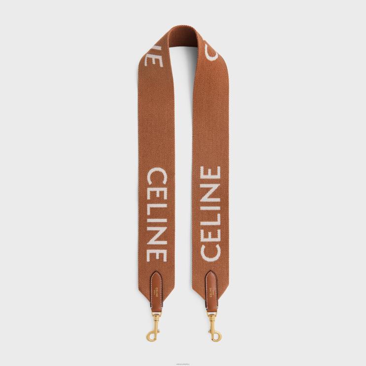 CELINE Tan/White Long Strap in Wool With Jacquard With Gold Finishing R0ZNN516