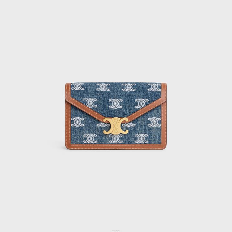 CELINE Navy/Tan Wallet On Chain Margo in Denim With Triomphe All-Over Embroidery & Calfskin R0ZNN358