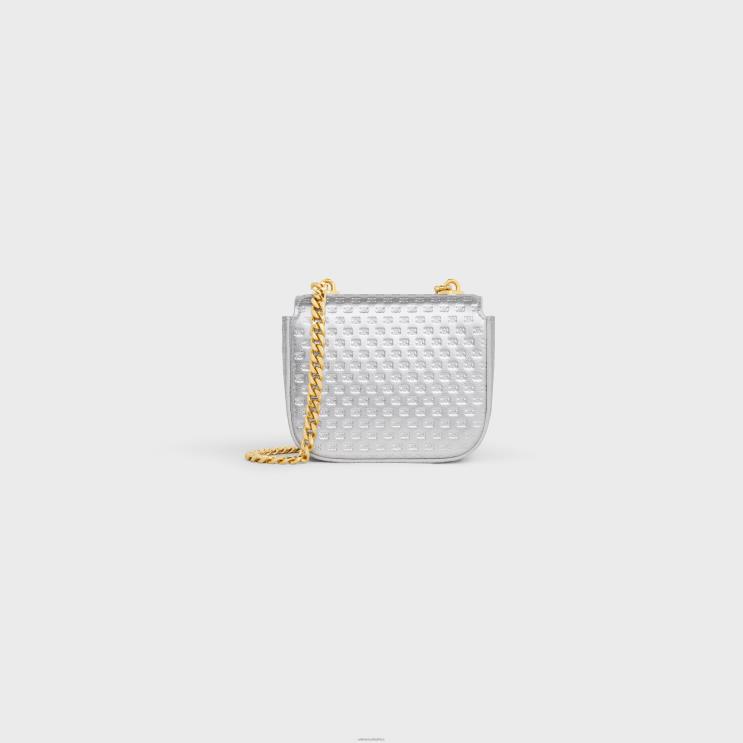 CELINE Silver Mini Chain Claude in Laminated Calfskin Embossed Triomphe R0ZNN333