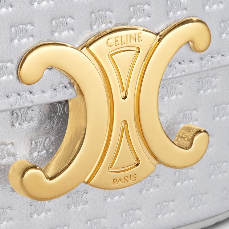 CELINE Silver Mini Chain Claude in Laminated Calfskin Embossed Triomphe R0ZNN333