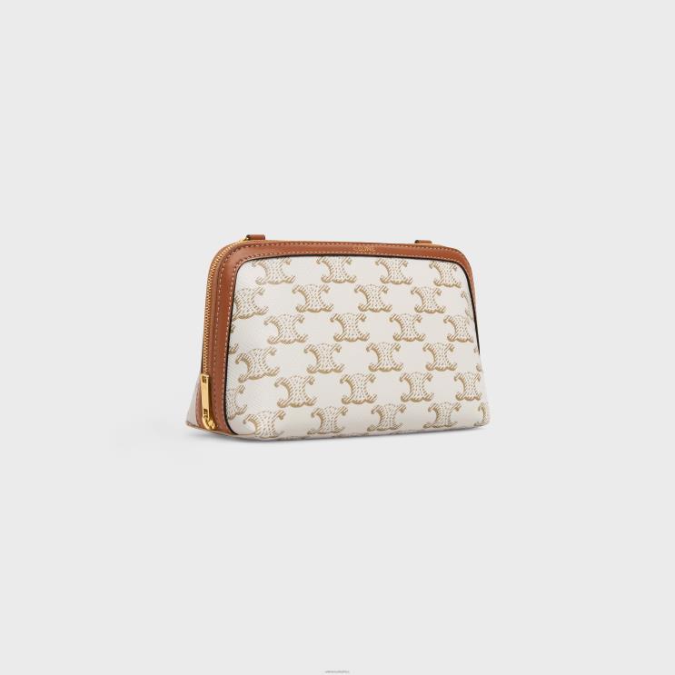 CELINE White/Tan Clutch With Chain in Triomphe Canvas & Lambskin R0ZNN386