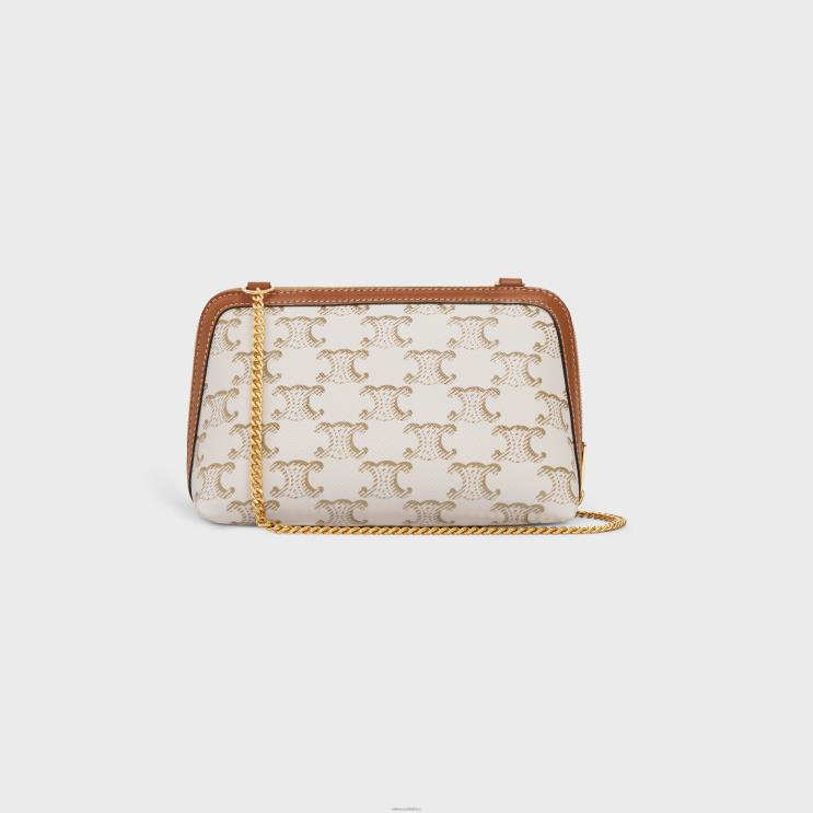 CELINE White/Tan Clutch With Chain in Triomphe Canvas & Lambskin R0ZNN386