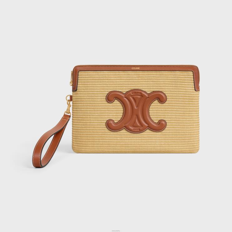 CELINE Natural/Tan Small Pouch With Strap Signature in Raffia Effect Textile & Calfskin R0ZNN403