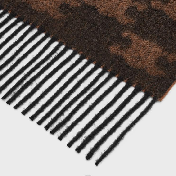 CELINE Black/Toffee Fringed Scarf in Monogram Cashmere R0ZNN2260