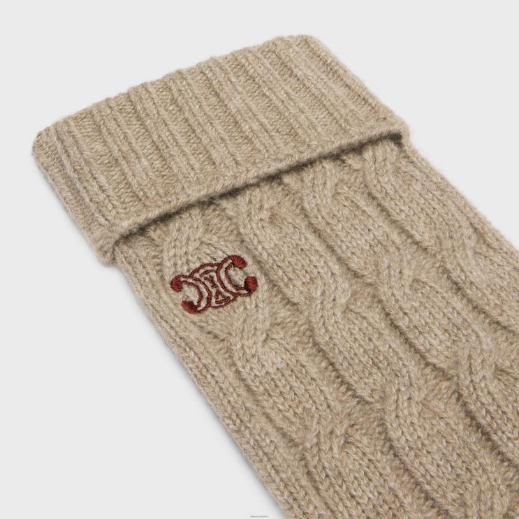 CELINE Light Taupe Cable-Knit Triomphe Gloves in Cashmere R0ZNN1186