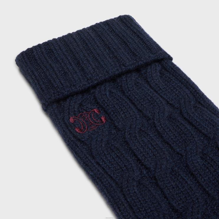 CELINE Navy Cable-Knit Triomphe Gloves in Cashmere R0ZNN1181