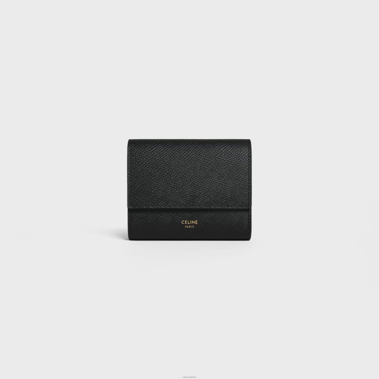 CELINE Black Small Trifold Wallet in Grained Calfskin R0ZNN482