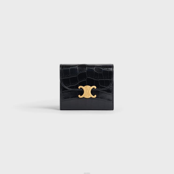CELINE Black Small Wallet Triomphe in Niloticus Crocodile R0ZNN464