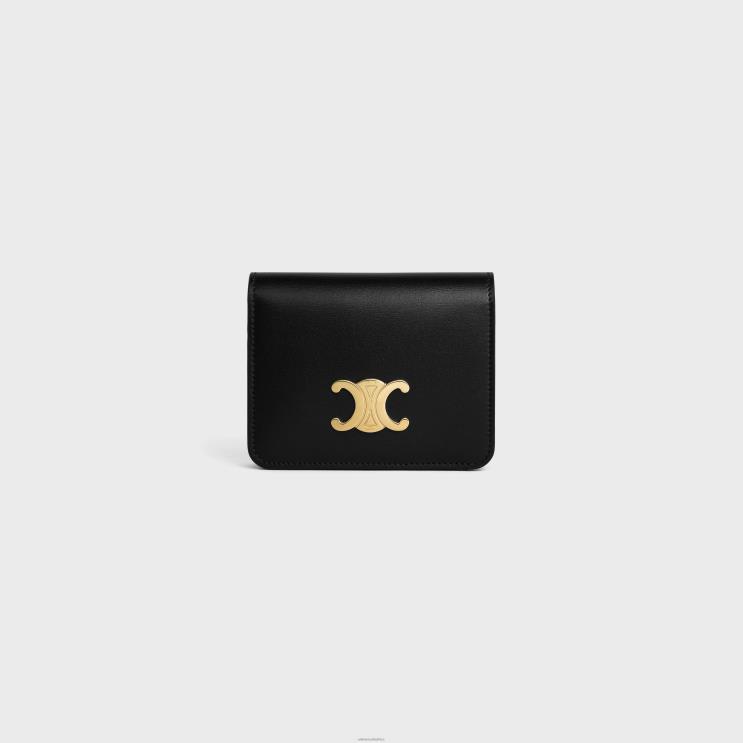 CELINE Black Triomphe Compact Wallet in Shiny Calfskin R0ZNN445