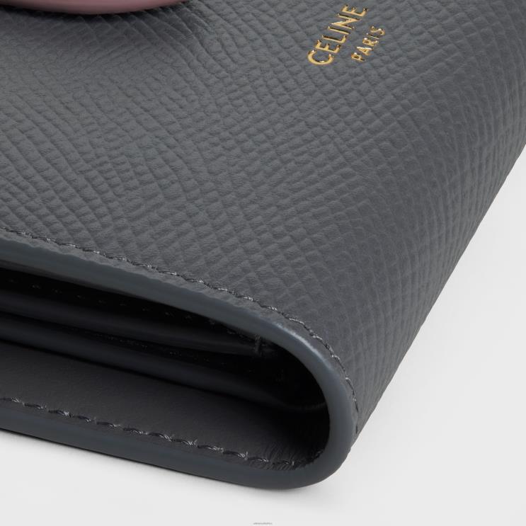 CELINE Grey/Vintage Pink Small Strap Wallet in Bicolour Grained Calfskin R0ZNN478
