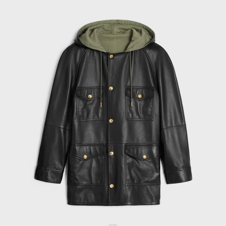 CELINE Black/Khaki Oversized Parka in Plonge Lambskin R0ZNN623