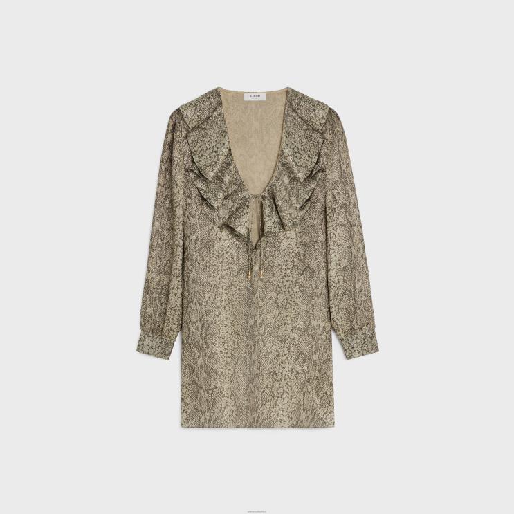 CELINE Beige/Marron Jabot Mini Dress in Crepe Lame R0ZNN653