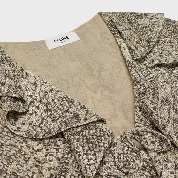 CELINE Beige/Marron Jabot Mini Dress in Crepe Lame R0ZNN653