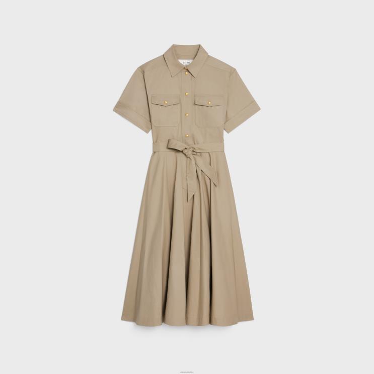 CELINE Beige Saharienne Dress in Lightweight Gabardine R0ZNN793