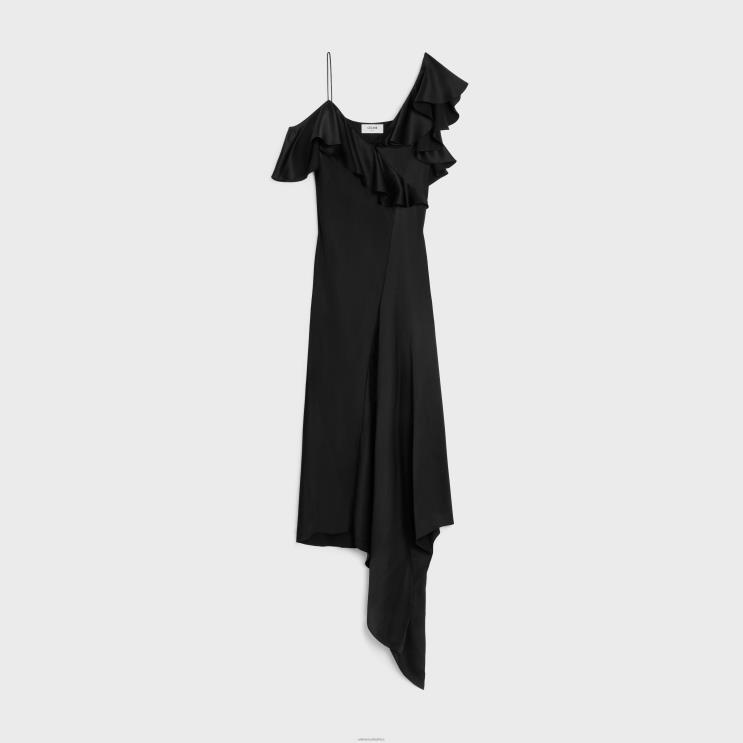 CELINE Black Asymmetric Lingerie Dress in Satin Crepe R0ZNN805