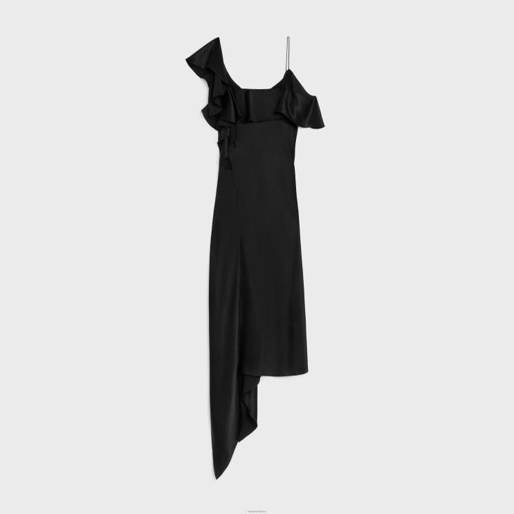 CELINE Black Asymmetric Lingerie Dress in Satin Crepe R0ZNN805