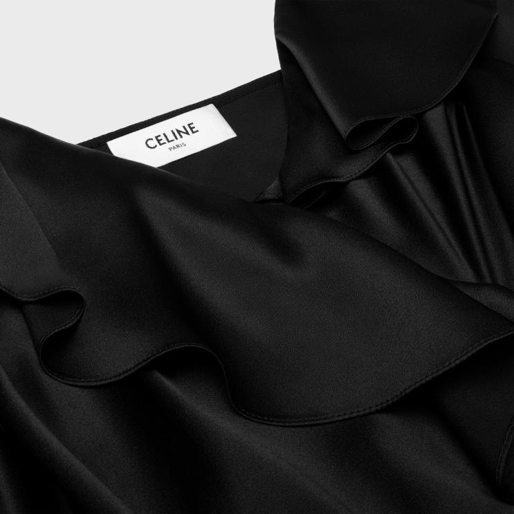 CELINE Black Asymmetric Lingerie Dress in Satin Crepe R0ZNN805