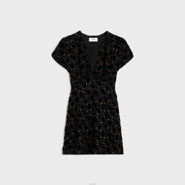 CELINE Black Babydoll Mini Dress in Fil Coupe Velvet R0ZNN654
