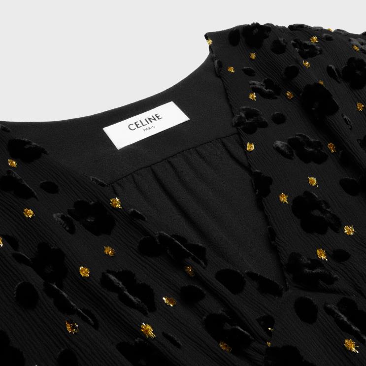 CELINE Black Babydoll Mini Dress in Fil Coupe Velvet R0ZNN654