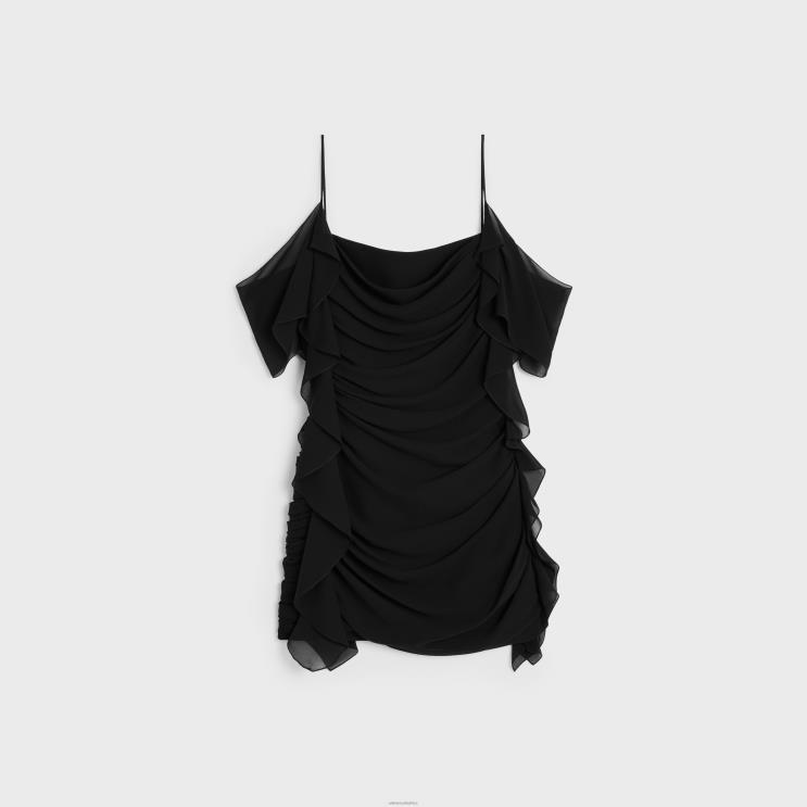 CELINE Black Draped Mini Dress in Silk Georgette R0ZNN794