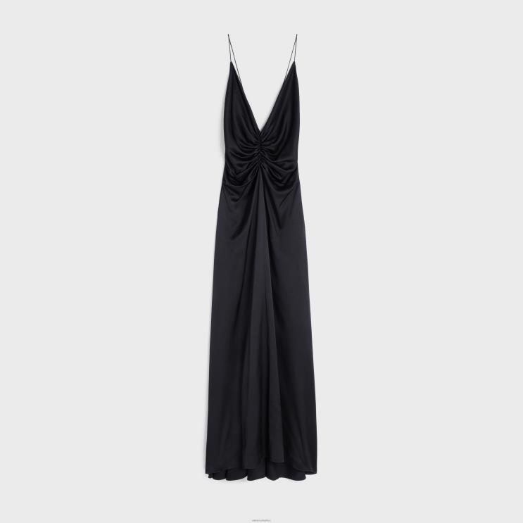 CELINE Black Draped Slip Dress in Silk Twill R0ZNN803
