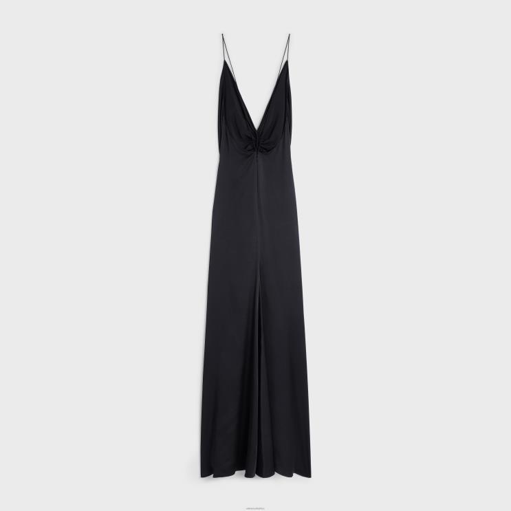 CELINE Black Draped Slip Dress in Silk Twill R0ZNN803