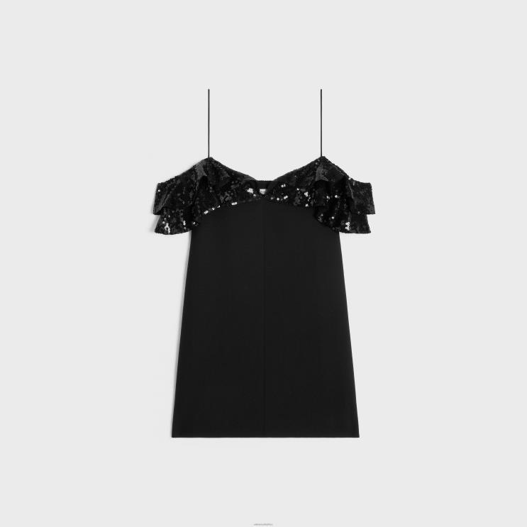 CELINE Black Mini Dress With Embroidered Ruffles in Wool Sable R0ZNN658