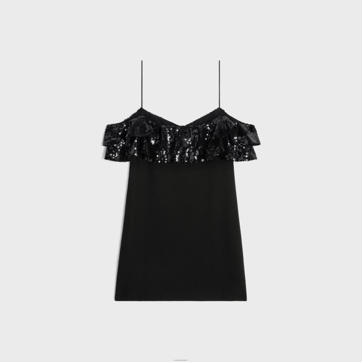 CELINE Black Mini Dress With Embroidered Ruffles in Wool Sable R0ZNN658