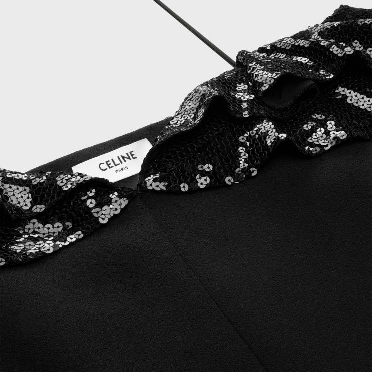 CELINE Black Mini Dress With Embroidered Ruffles in Wool Sable R0ZNN658