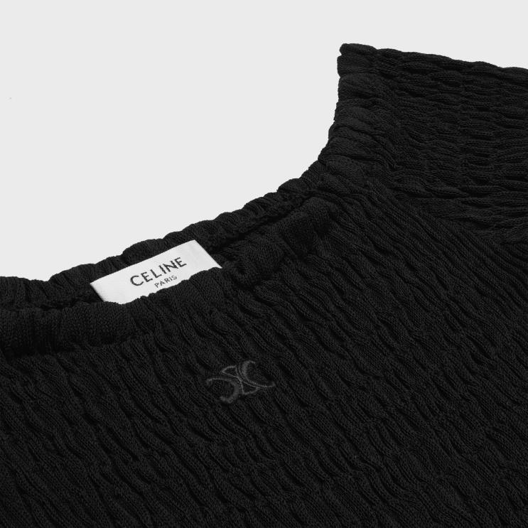 CELINE Black Triomphe Mini Dress in Gauffered Silk R0ZNN657