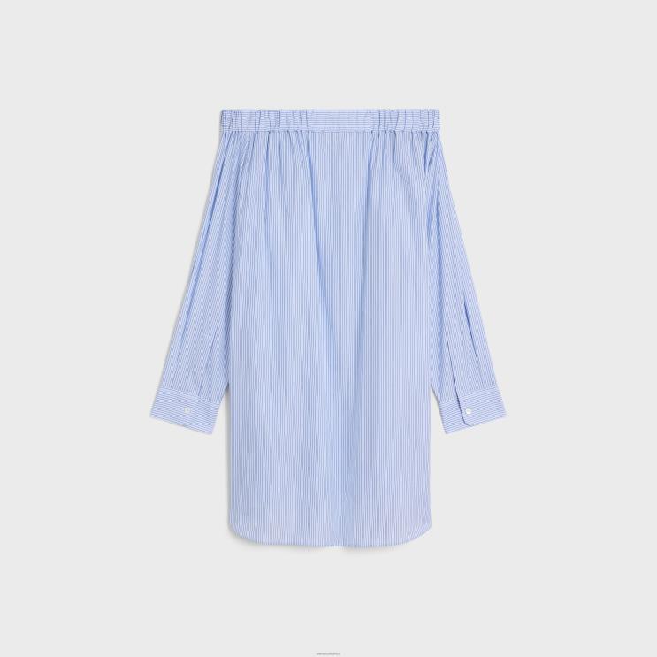 CELINE Craie/Bleu Off-Shoulder Shirt Dress in Striped Cotton R0ZNN799