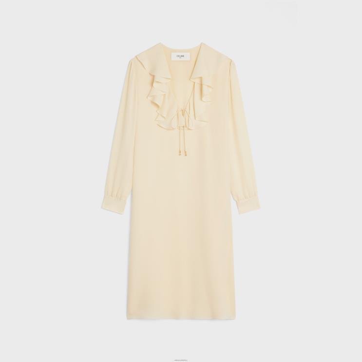 CELINE Cream Jabot Dress in Lightweight Silk Sable R0ZNN802