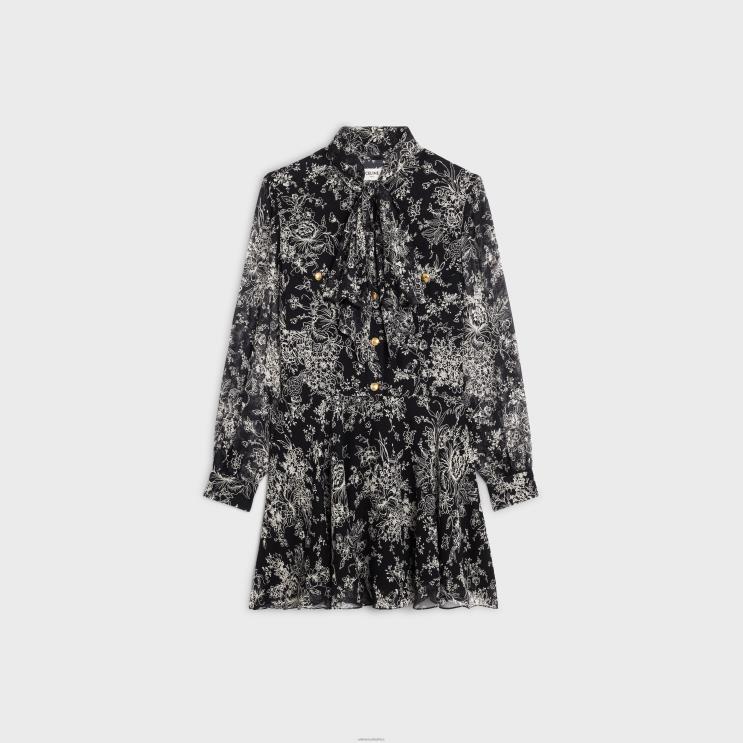 CELINE Noir/Craie Lavalliere Mini Dress in Silk Georgette R0ZNN789