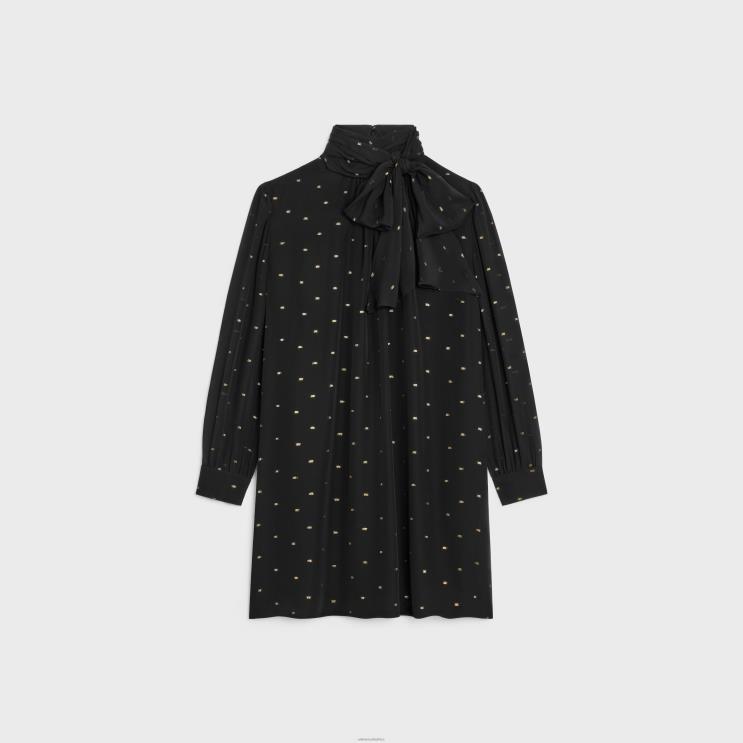 CELINE Noir/Or Babydoll Dress in Silk Georgette R0ZNN651