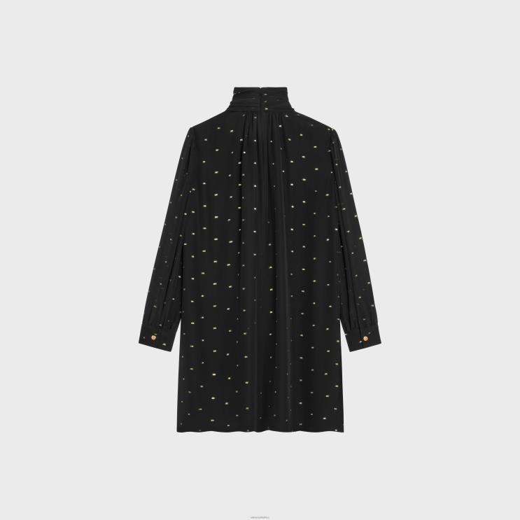 CELINE Noir/Or Babydoll Dress in Silk Georgette R0ZNN651