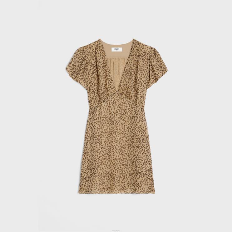 CELINE Vanille/Marron Babydoll Mini Dress in Silk Muslin R0ZNN655