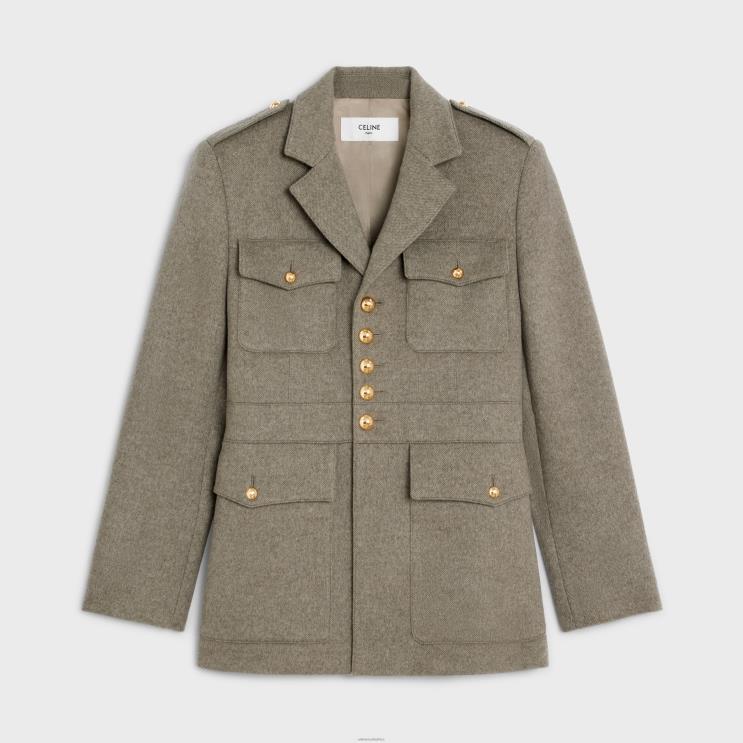 CELINE Beige Gris Saharienne Jacket in Diagonal Cashmere R0ZNN699