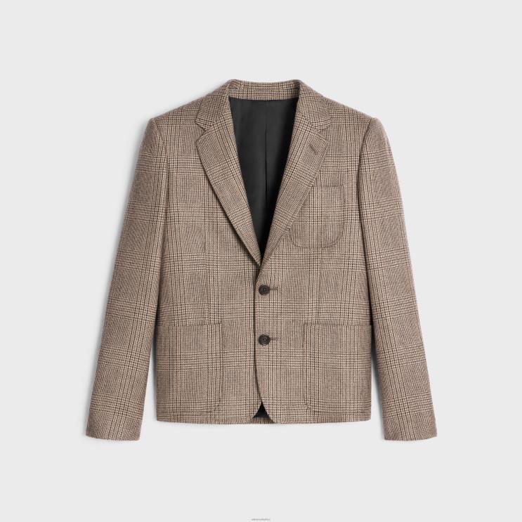 CELINE Beige/Marron/Noir Short Jacket in Prince of Wales Check Wool R0ZNN709