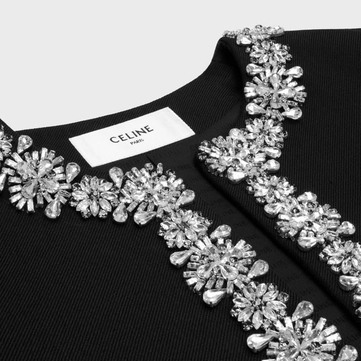 CELINE Black Embroidered Chelsea Jacket in Diagonal Wool R0ZNN551